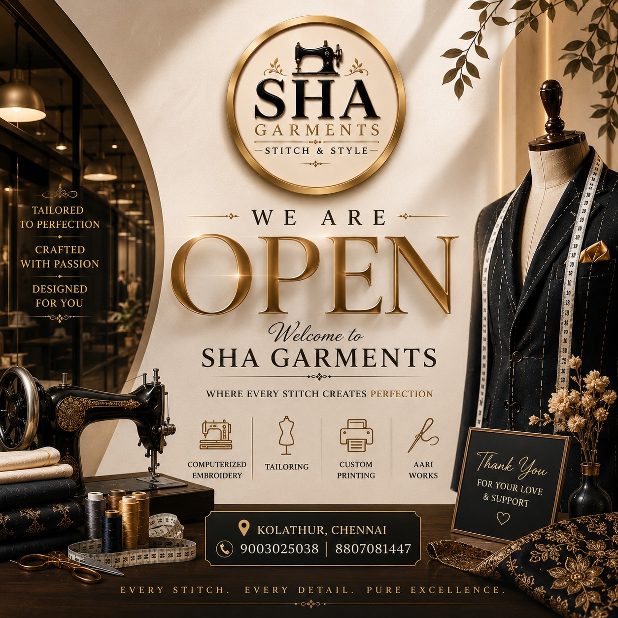SHA Garments studio — we are open, computerized embroidery, tailoring, custom printing and aari works, Kolathur Chennai