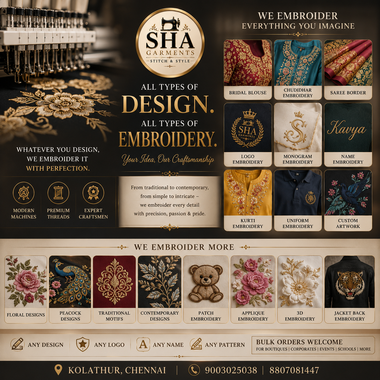 SHA Garments embroidery catalogue — bridal blouse, chudidhar, saree border, logo, monogram, name embroidery, kurti, uniform and custom artwork, plus floral, peacock, traditional and 3D motifs